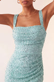 Hemelsblauwe bodycon vierkante hals pailletten met gerimpelde kant achter homecoming jurk met split