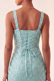 Hemelsblauwe bodycon vierkante hals pailletten met gerimpelde kant achter homecoming jurk met split