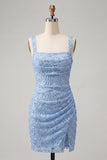 Hemelsblauwe bodycon vierkante hals pailletten met gerimpelde kant achter homecoming jurk met split