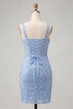 Hemelsblauwe bodycon vierkante hals pailletten met gerimpelde kant achter homecoming jurk met split