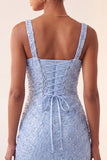 Hemelsblauwe bodycon vierkante hals pailletten met gerimpelde kant achter homecoming jurk met split