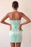 Bodycon Mint Green halter hals satijn veter Back Homecoming jurk met strik
