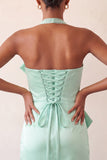 Bodycon Mint Green halter hals satijn veter Back Homecoming jurk met strik