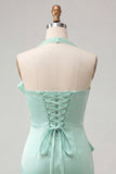 Bodycon Mint Green halter hals satijn veter Back Homecoming jurk met strik
