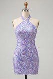 Bodycon Lichtpaarse halterhals pailletten met veter Homecoming jurk