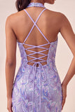 Bodycon Lichtpaarse halterhals pailletten met veter Homecoming jurk
