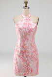 Bodycon Lichtpaarse halterhals pailletten met veter Homecoming jurk