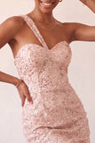 Champagne Bodycon Eenschouder Veter Achter Homecoming Jurk met pailletten