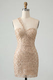 Champagne Bodycon Eenschouder Veter Achter Homecoming Jurk met pailletten