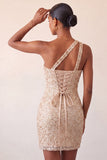 Champagne Bodycon Eenschouder Veter Achter Homecoming Jurk met pailletten