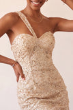 Champagne Bodycon Eenschouder Veter Achter Homecoming Jurk met pailletten