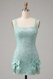 Mintgroene bodycon vierkante hals pailletten met veter achterin homecomingjurk met strik