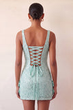 Mintgroene bodycon vierkante hals pailletten met veter achterin homecomingjurk met strik