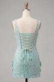 Mintgroene bodycon vierkante hals pailletten met veter achterin homecomingjurk met strik