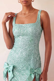 Mintgroene bodycon vierkante hals pailletten met veter achterin homecomingjurk met strik