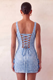 Mintgroene bodycon vierkante hals pailletten met veter achterin homecomingjurk met strik
