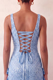 Mintgroene bodycon vierkante hals pailletten met veter achterin homecomingjurk met strik