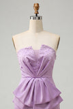 Strapless lichtpaarse bodycon veterend op de rug parels gerimpelde homecoming-jurk