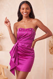 Satijnblauwe strapless bodycon vetergeknoopte rug met kralen, gerimpelde homecoming jurk met sjerp