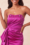 Satijnblauwe strapless bodycon vetergeknoopte rug met kralen, gerimpelde homecoming jurk met sjerp