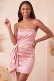 Satijnblauwe strapless bodycon vetergeknoopte rug met kralen, gerimpelde homecoming jurk met sjerp