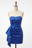 Satijnblauwe strapless bodycon vetergeknoopte rug met kralen, gerimpelde homecoming jurk met sjerp