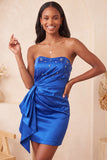Satijnblauwe strapless bodycon vetergeknoopte rug met kralen, gerimpelde homecoming jurk met sjerp