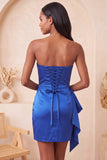 Satijnblauwe strapless bodycon vetergeknoopte rug met kralen, gerimpelde homecoming jurk met sjerp