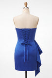 Satijnblauwe strapless bodycon vetergeknoopte rug met kralen, gerimpelde homecoming jurk met sjerp