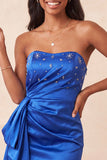 Satijnblauwe strapless bodycon vetergeknoopte rug met kralen, gerimpelde homecoming jurk met sjerp