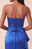 Satijnblauwe strapless bodycon vetergeknoopte rug met kralen, gerimpelde homecoming jurk met sjerp