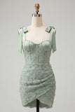 Dusty Sage Bodycon korset Peals bloemen met strikjes Homecoming jurk met veter op de rug