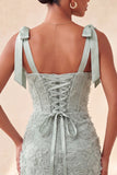 Dusty Sage Bodycon korset Peals bloemen met strikjes Homecoming jurk met veter op de rug