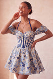 Lichtroze halter hals A-lijn korset Jacquard bloemen Homecoming jurk met veter op de rug