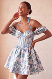 Lichtroze halter hals A-lijn korset Jacquard bloemen Homecoming jurk met veter op de rug