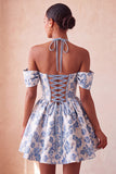 Lichtroze halter hals A-lijn korset Jacquard bloemen Homecoming jurk met veter op de rug