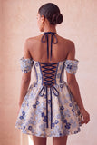 Lichtroze halter hals A-lijn korset Jacquard bloemen Homecoming jurk met veter op de rug