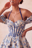 Lichtroze halter hals A-lijn korset Jacquard bloemen Homecoming jurk met veter op de rug