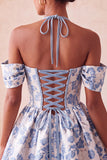 Lichtroze halter hals A-lijn korset Jacquard bloemen Homecoming jurk met veter op de rug