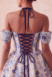 Lichtroze halter hals A-lijn korset Jacquard bloemen Homecoming jurk met veter op de rug