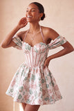 Lichtroze halter hals A-lijn korset Jacquard bloemen Homecoming jurk met veter op de rug