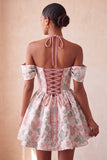 Lichtroze halter hals A-lijn korset Jacquard bloemen Homecoming jurk met veter op de rug