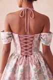Lichtroze halter hals A-lijn korset Jacquard bloemen Homecoming jurk met veter op de rug