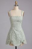 A-lijn Dusty Salie vierkante hals Jacquard bloemenkant Achter Homecoming Jurk met strik