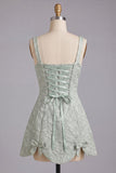 A-lijn Dusty Salie vierkante hals Jacquard bloemenkant Achter Homecoming Jurk met strik
