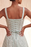 A-lijn Dusty Salie vierkante hals Jacquard bloemenkant Achter Homecoming Jurk met strik