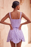 A-lijn Dusty Salie vierkante hals Jacquard bloemenkant Achter Homecoming Jurk met strik