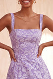 A-lijn Dusty Salie vierkante hals Jacquard bloemenkant Achter Homecoming Jurk met strik