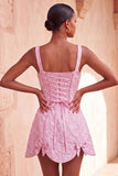 A-lijn Dusty Salie vierkante hals Jacquard bloemenkant Achter Homecoming Jurk met strik