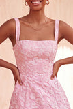 A-lijn Dusty Salie vierkante hals Jacquard bloemenkant Achter Homecoming Jurk met strik